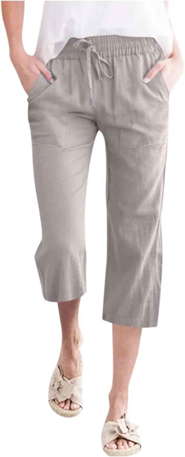Capris Pants for Women Cotton Linen Casual Summer Straight Wide Leg Loose Drawstring Elastic Waist Cropped Trouser