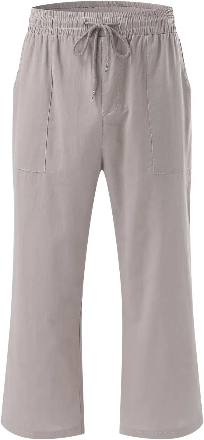 Capris Pants for Women Cotton Linen Casual Summer Straight Wide Leg Loose Drawstring Elastic Waist Cropped Trouser