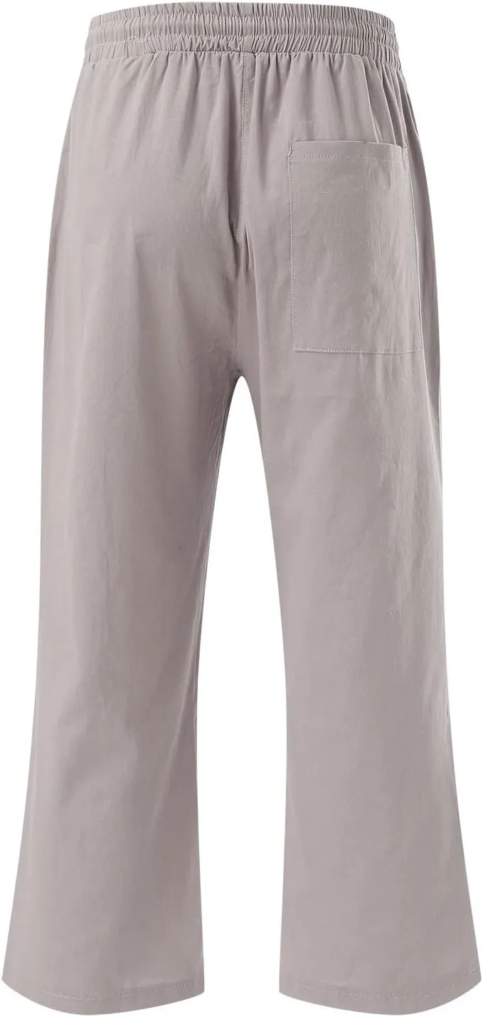 Capris Pants for Women Cotton Linen Casual Summer Straight Wide Leg Loose Drawstring Elastic Waist Cropped Trouser
