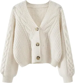 Cardigans for Women Fashion Oversized V Neck Button Up Open Front Cropped Knit Cardigan Sweater Fall Clothes