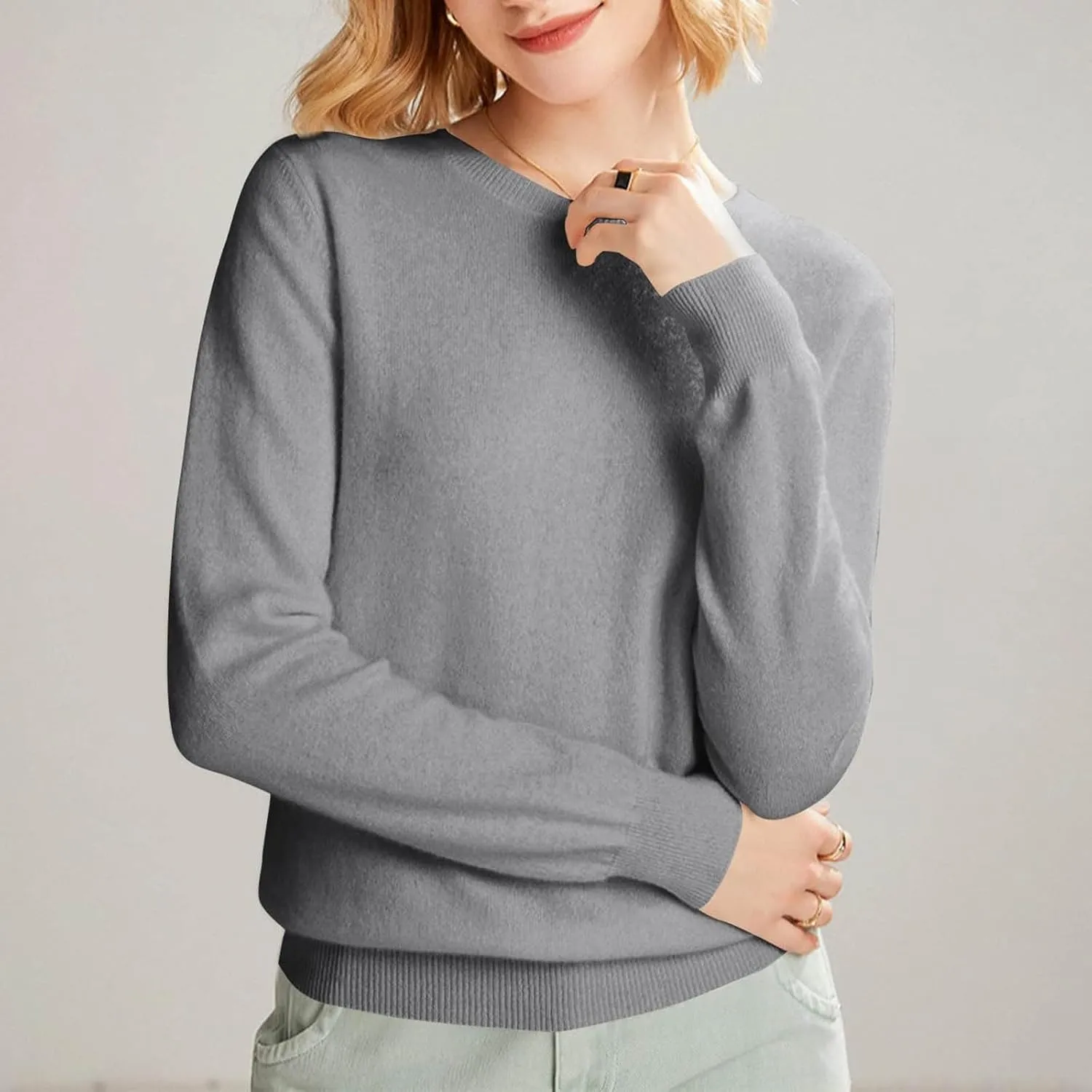Cashmere Sweaters for Women, Crew Neck Long Sleeve Soft Warm Trendy Pullover Tops Lightweight Wool Cozy Knit Sweater