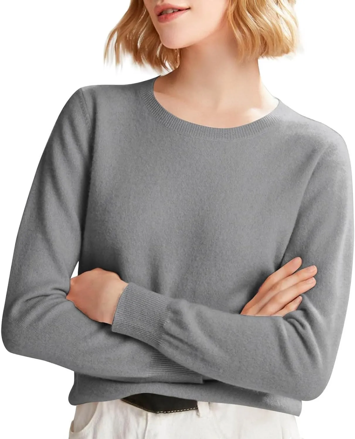 Cashmere Sweaters for Women, Crew Neck Long Sleeve Soft Warm Trendy Pullover Tops Lightweight Wool Cozy Knit Sweater