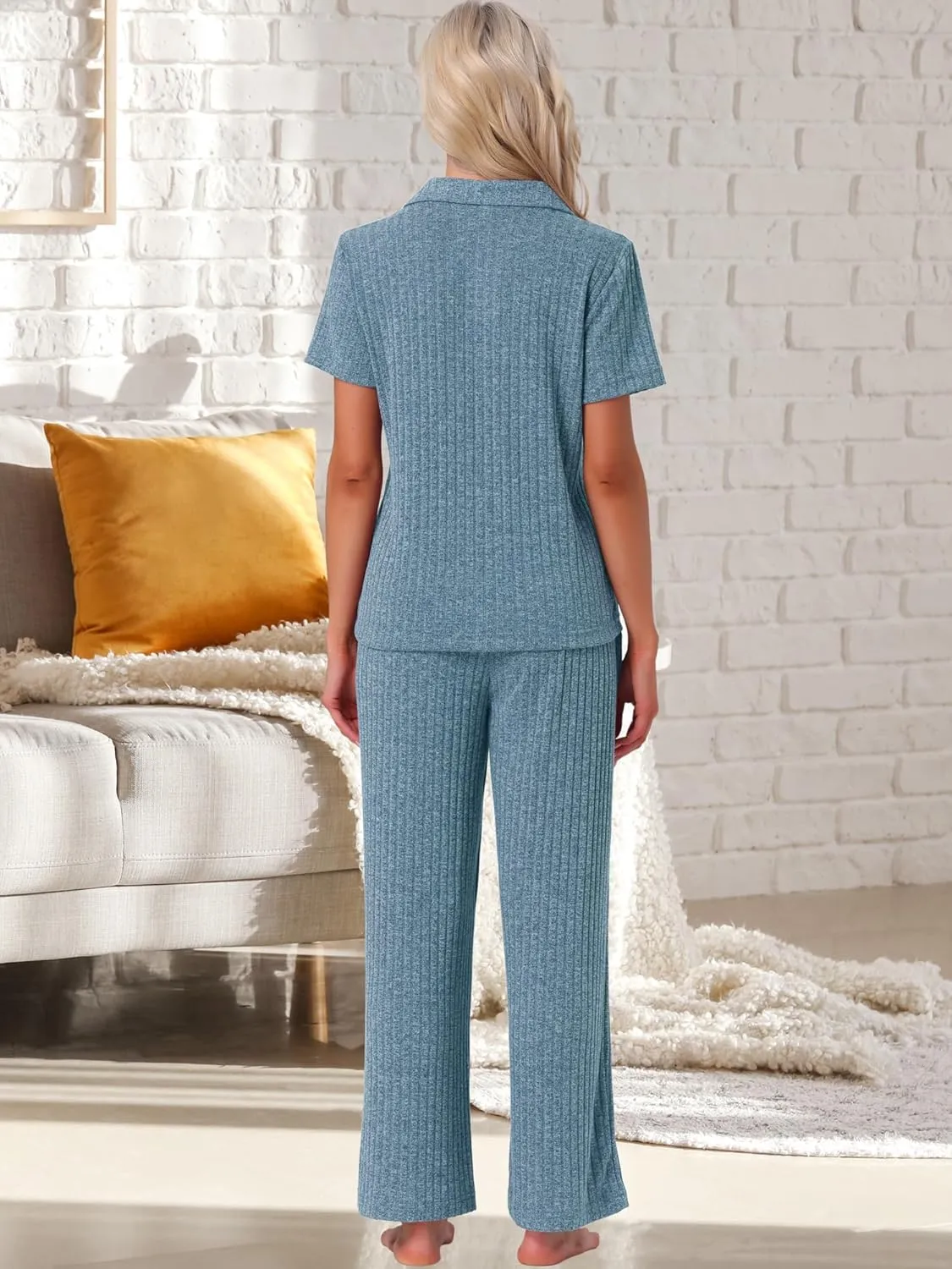 cheibear Womens Ribbed Knit Lounge Set Short Sleeve Wide Pants Button Up 2 Piece Loungewear with Pockets