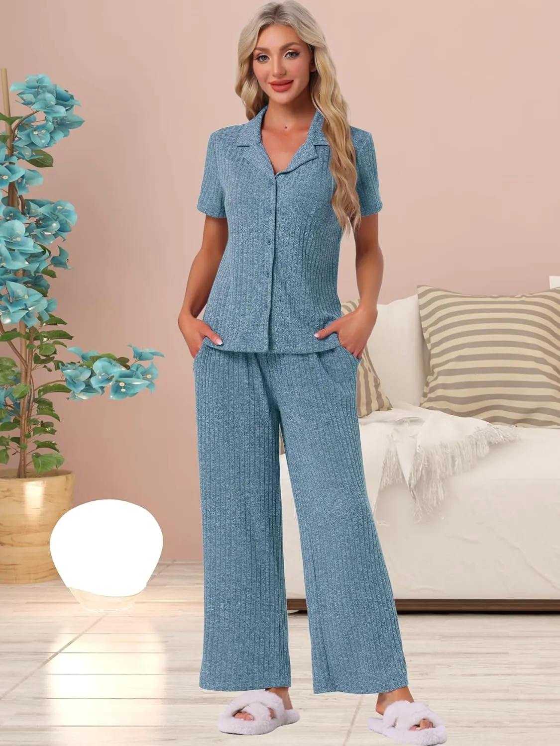 cheibear Womens Ribbed Knit Lounge Set Short Sleeve Wide Pants Button Up 2 Piece Loungewear with Pockets