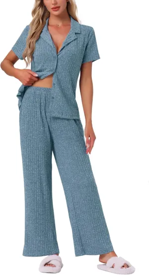 cheibear Womens Ribbed Knit Lounge Set Short Sleeve Wide Pants Button Up 2 Piece Loungewear with Pockets
