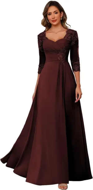 Chiffon Mother of Bride Dresses 2025 Lace Appliques 3/4 Sleeve Formal Dresses A Line Long Evening Prom Dress AU096