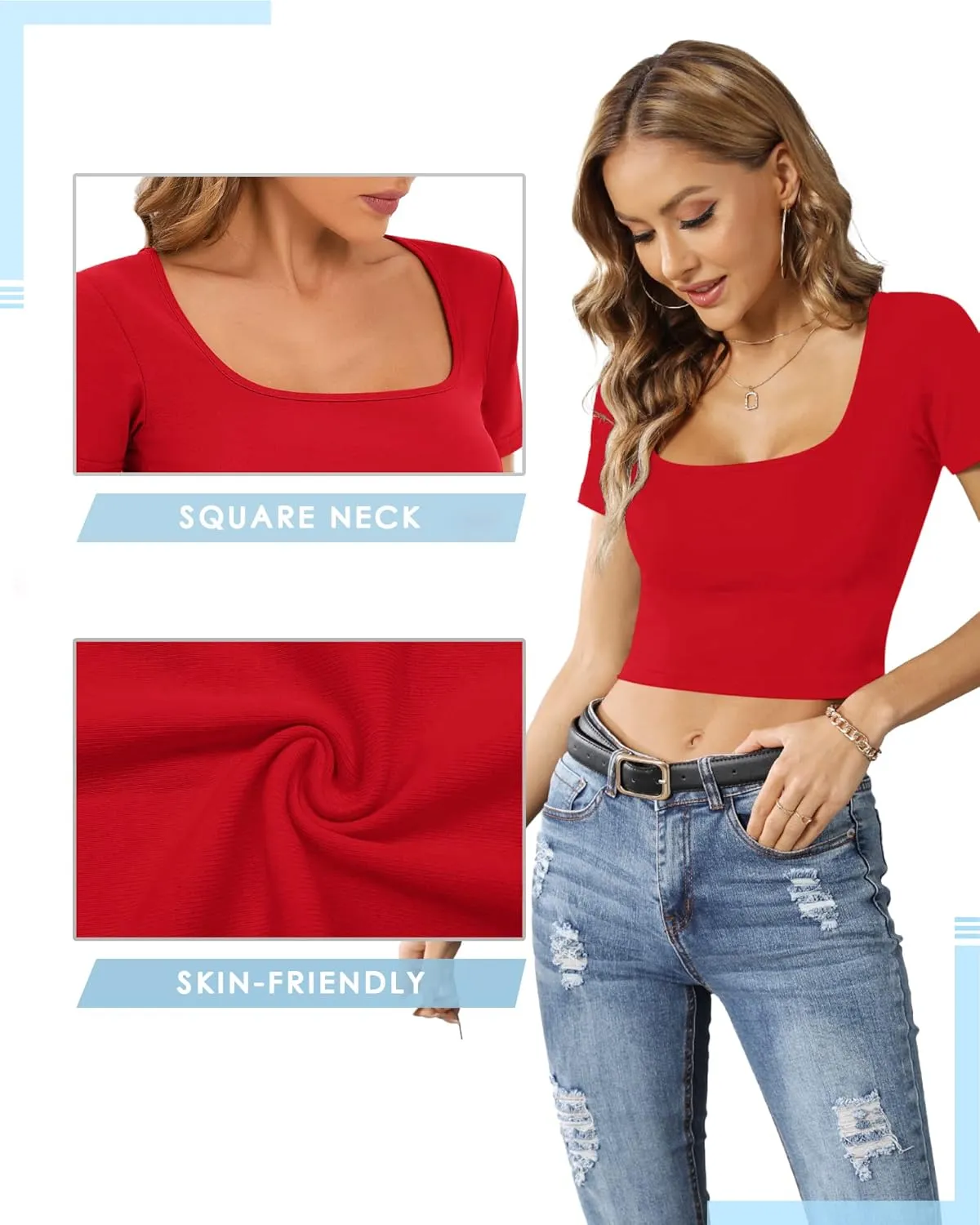 CLOZOZ Crop Tops for Women Square Neck Tops Short Sleeve Crop Tops Basic Cropped T Shirts for Women Slim Fit Crop T-Shirt