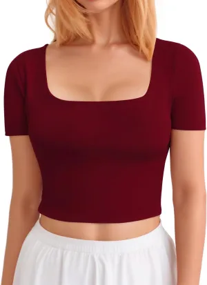 CLOZOZ Crop Tops for Women Square Neck Tops Short Sleeve Crop Tops Basic Cropped T Shirts for Women Slim Fit Crop T-Shirt