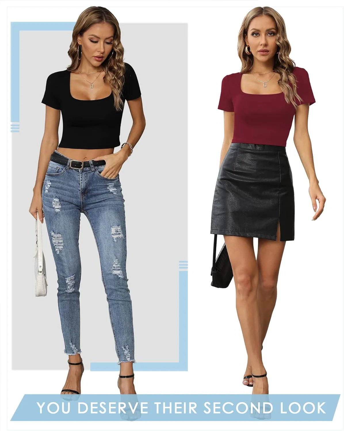 CLOZOZ Crop Tops for Women Square Neck Tops Short Sleeve Crop Tops Basic Cropped T Shirts for Women Slim Fit Crop T-Shirt