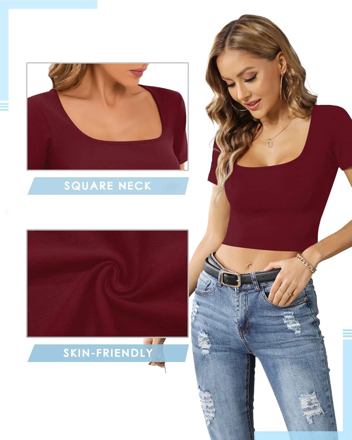 CLOZOZ Crop Tops for Women Square Neck Tops Short Sleeve Crop Tops Basic Cropped T Shirts for Women Slim Fit Crop T-Shirt