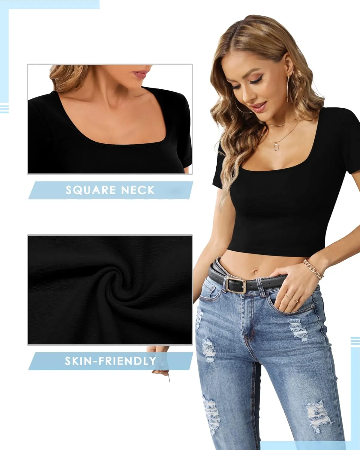 CLOZOZ Crop Tops for Women Square Neck Tops Short Sleeve Crop Tops Basic Cropped T Shirts for Women Slim Fit Crop T-Shirt