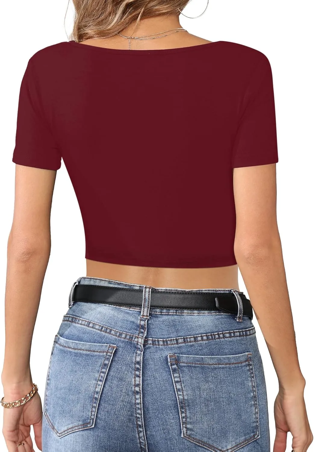 CLOZOZ Crop Tops for Women Square Neck Tops Short Sleeve Crop Tops Basic Cropped T Shirts for Women Slim Fit Crop T-Shirt