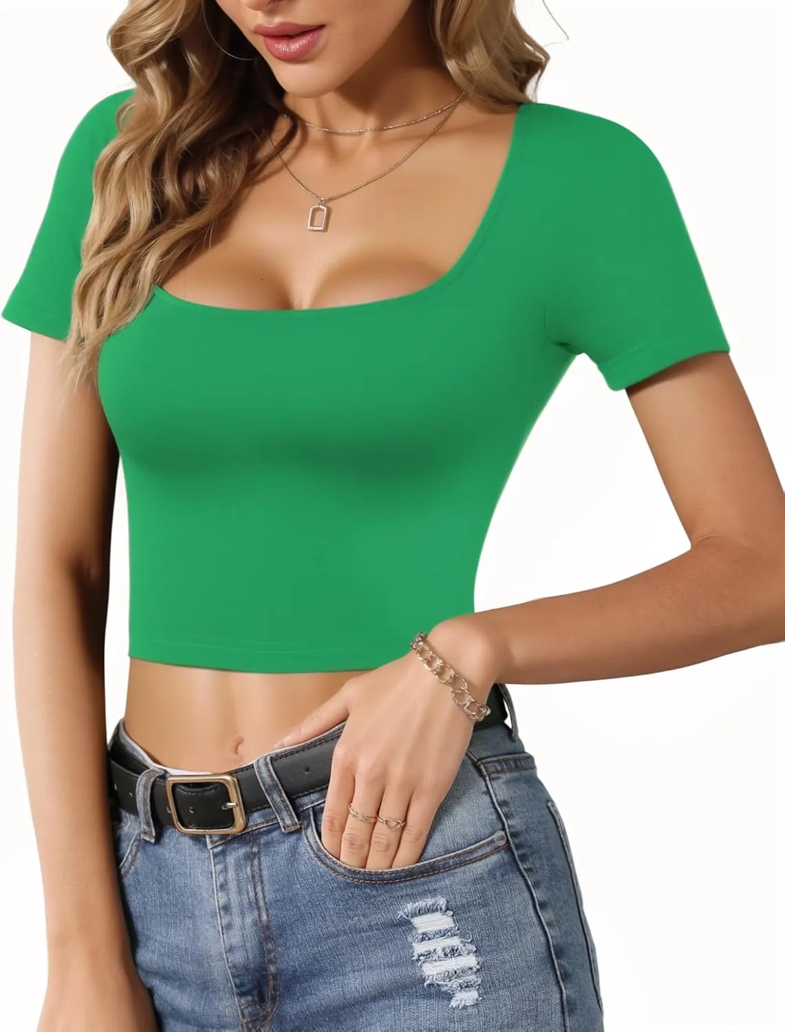 CLOZOZ Crop Tops for Women Square Neck Tops Short Sleeve Crop Tops Basic Cropped T Shirts for Women Slim Fit Crop T-Shirt