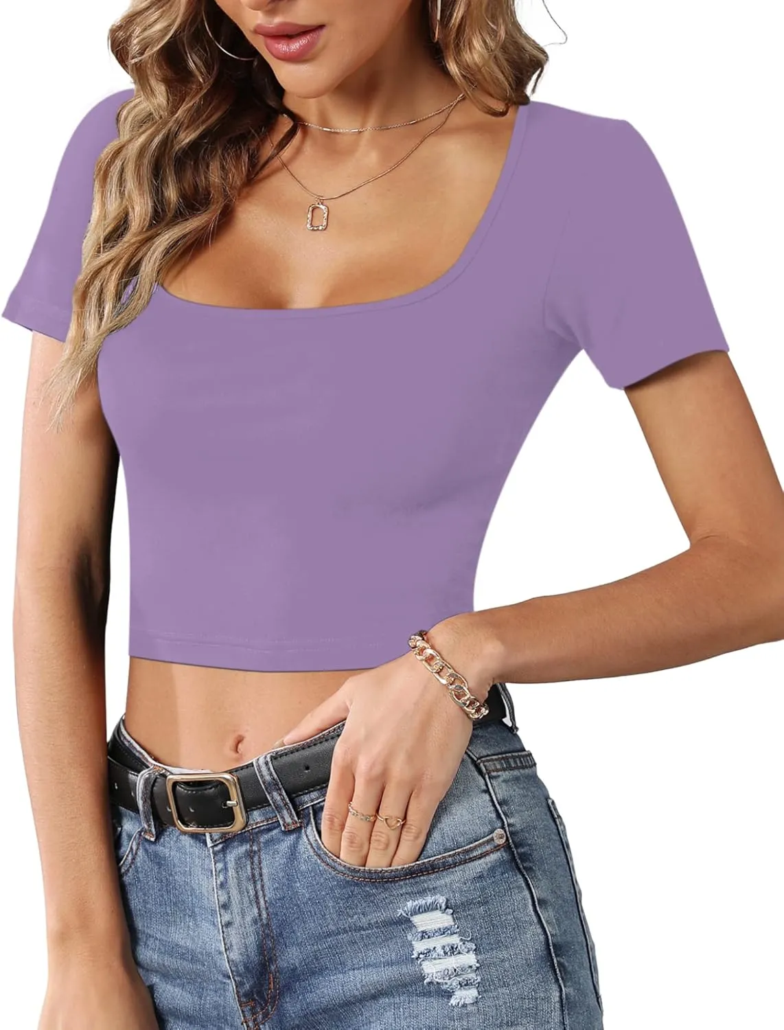 CLOZOZ Crop Tops for Women Square Neck Tops Short Sleeve Crop Tops Basic Cropped T Shirts for Women Slim Fit Crop T-Shirt