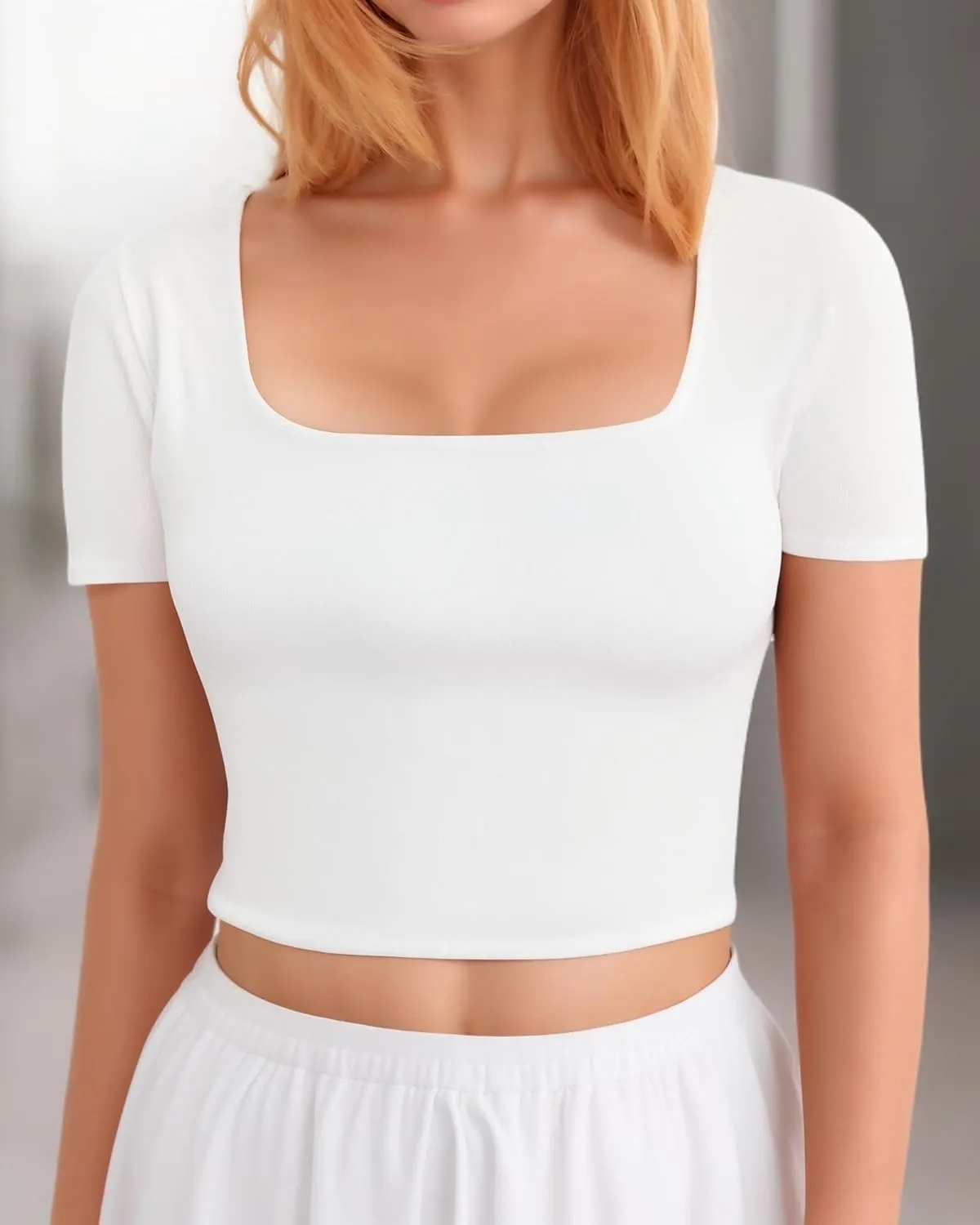 CLOZOZ Crop Tops for Women Square Neck Tops Short Sleeve Crop Tops Basic Cropped T Shirts for Women Slim Fit Crop T-Shirt