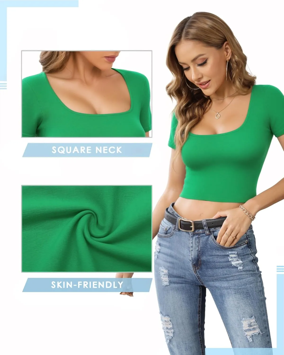 CLOZOZ Crop Tops for Women Square Neck Tops Short Sleeve Crop Tops Basic Cropped T Shirts for Women Slim Fit Crop T-Shirt