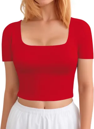 CLOZOZ Crop Tops for Women Square Neck Tops Short Sleeve Crop Tops Basic Cropped T Shirts for Women Slim Fit Crop T-Shirt