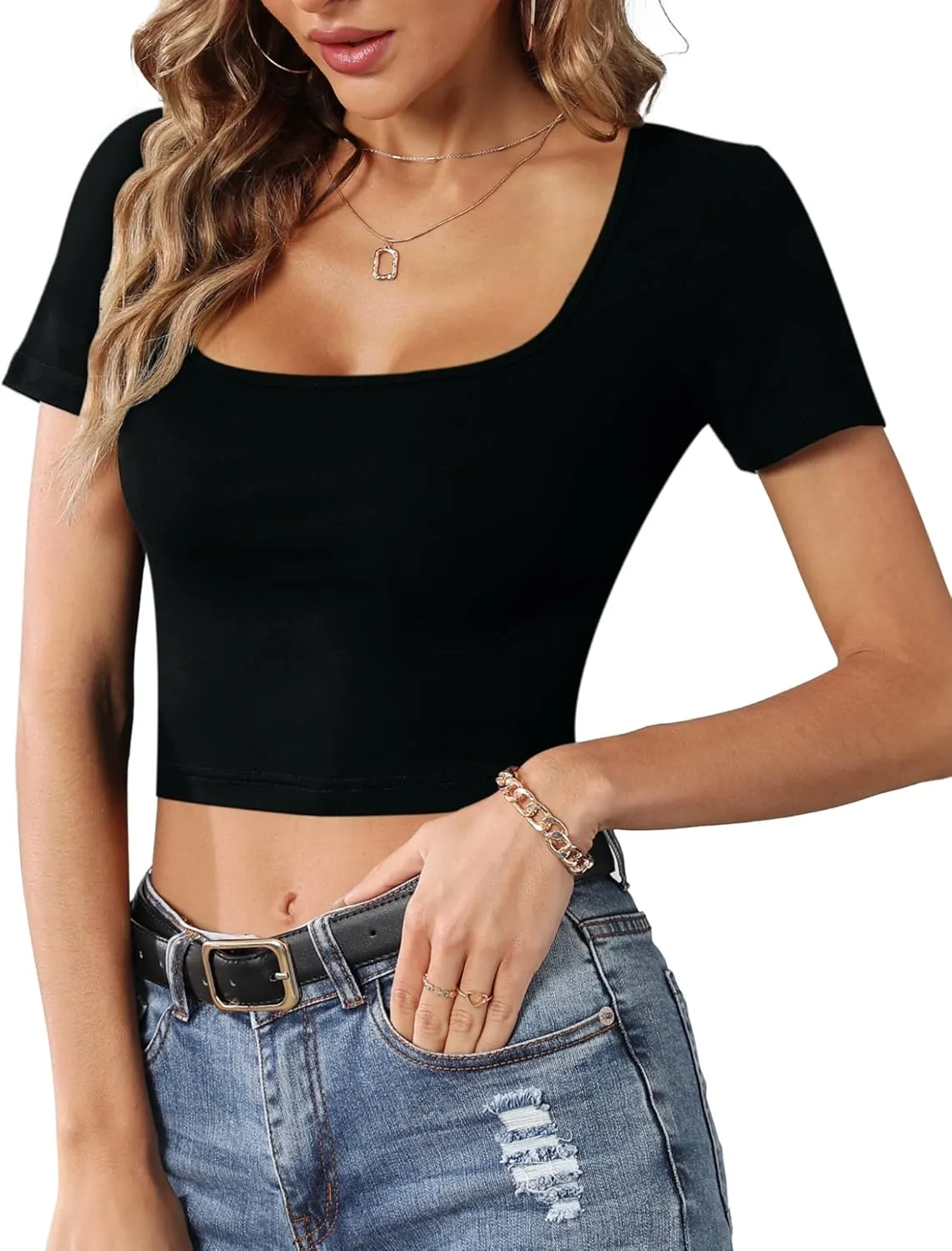 CLOZOZ Crop Tops for Women Square Neck Tops Short Sleeve Crop Tops Basic Cropped T Shirts for Women Slim Fit Crop T-Shirt