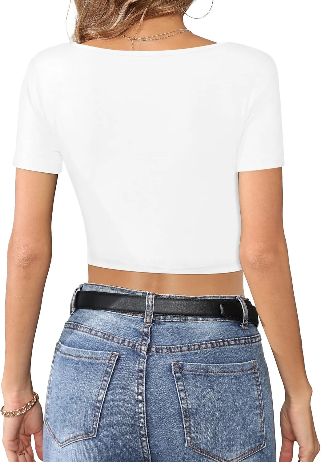 CLOZOZ Crop Tops for Women Square Neck Tops Short Sleeve Crop Tops Basic Cropped T Shirts for Women Slim Fit Crop T-Shirt