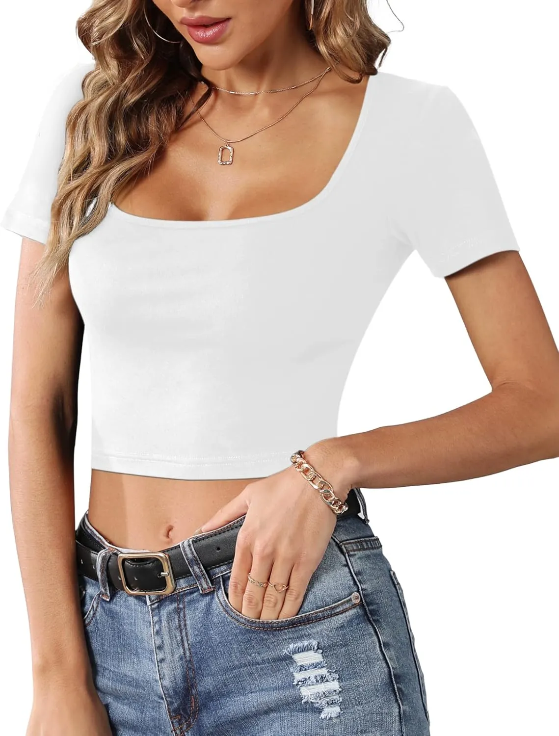 CLOZOZ Crop Tops for Women Square Neck Tops Short Sleeve Crop Tops Basic Cropped T Shirts for Women Slim Fit Crop T-Shirt
