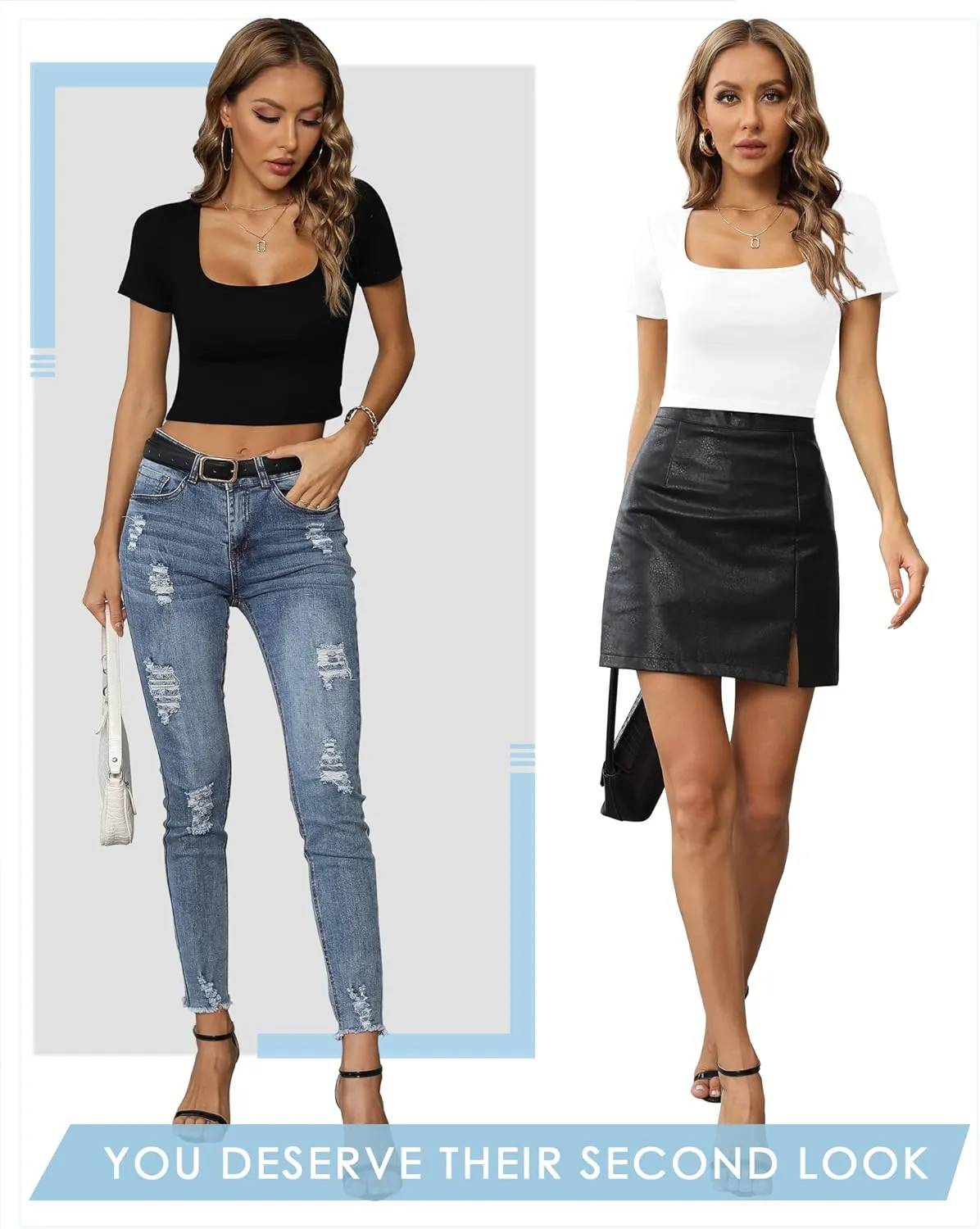 CLOZOZ Crop Tops for Women Square Neck Tops Short Sleeve Crop Tops Basic Cropped T Shirts for Women Slim Fit Crop T-Shirt