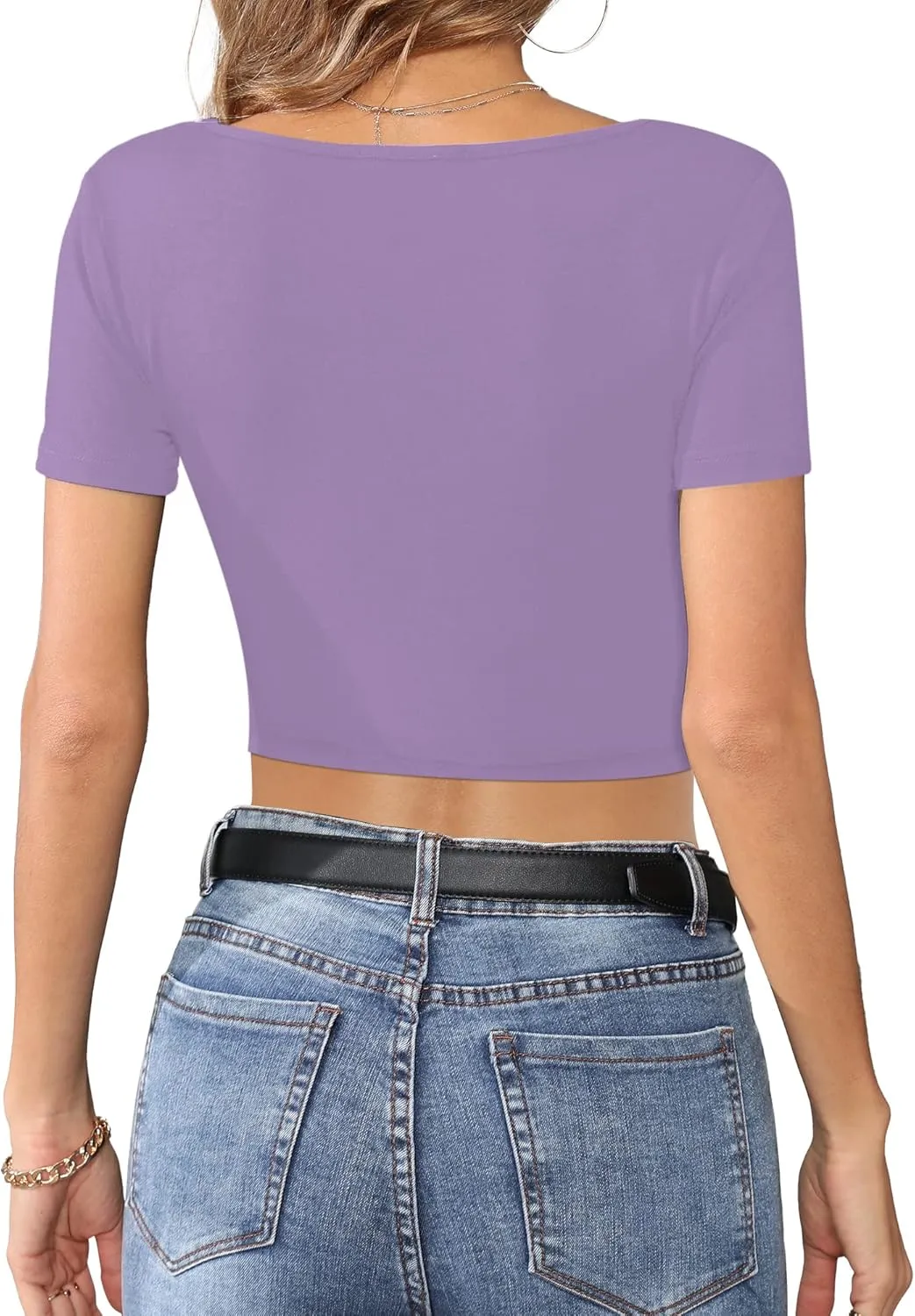 CLOZOZ Crop Tops for Women Square Neck Tops Short Sleeve Crop Tops Basic Cropped T Shirts for Women Slim Fit Crop T-Shirt
