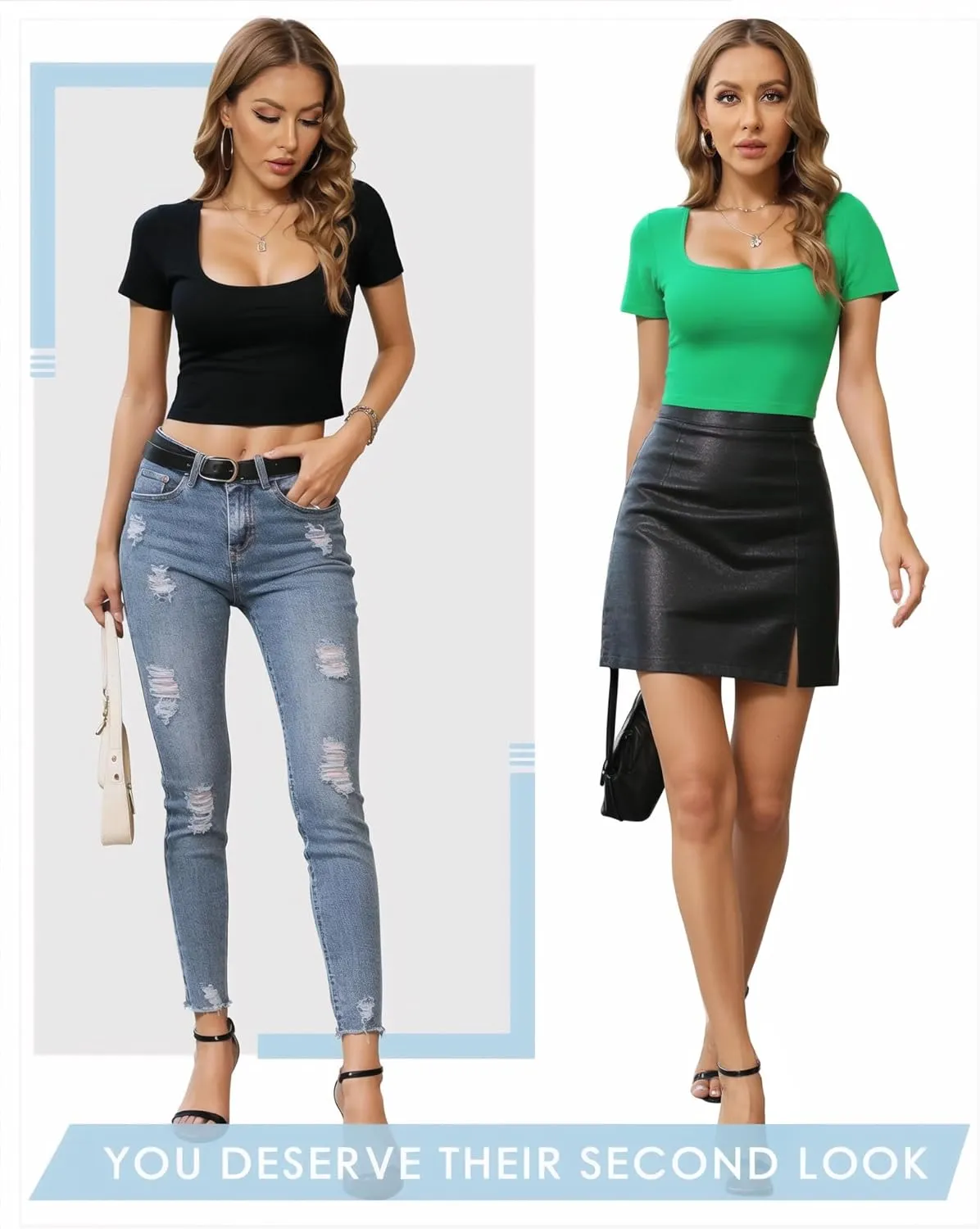 CLOZOZ Crop Tops for Women Square Neck Tops Short Sleeve Crop Tops Basic Cropped T Shirts for Women Slim Fit Crop T-Shirt
