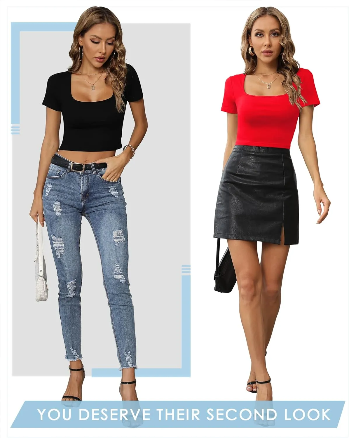 CLOZOZ Crop Tops for Women Square Neck Tops Short Sleeve Crop Tops Basic Cropped T Shirts for Women Slim Fit Crop T-Shirt