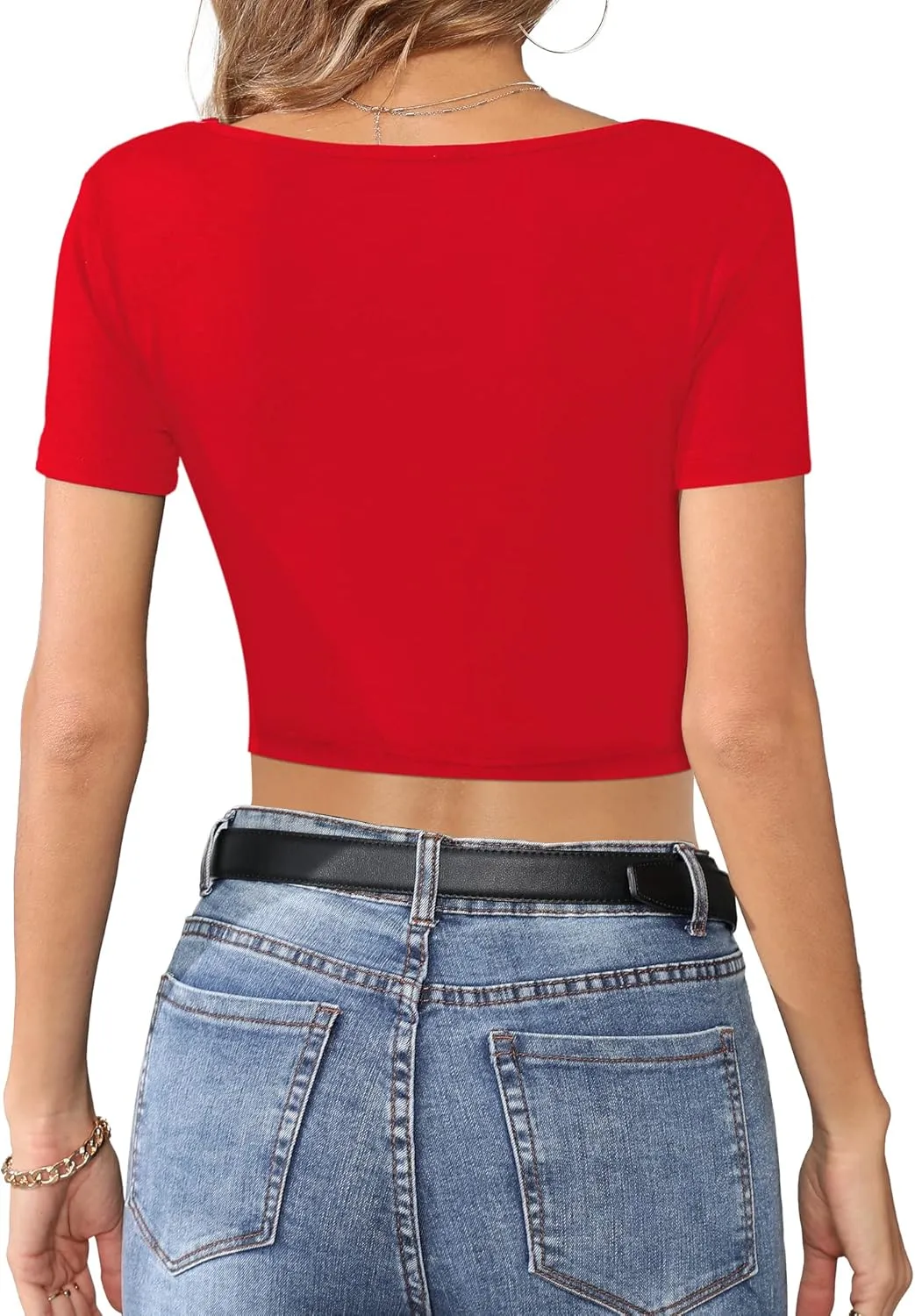 CLOZOZ Crop Tops for Women Square Neck Tops Short Sleeve Crop Tops Basic Cropped T Shirts for Women Slim Fit Crop T-Shirt