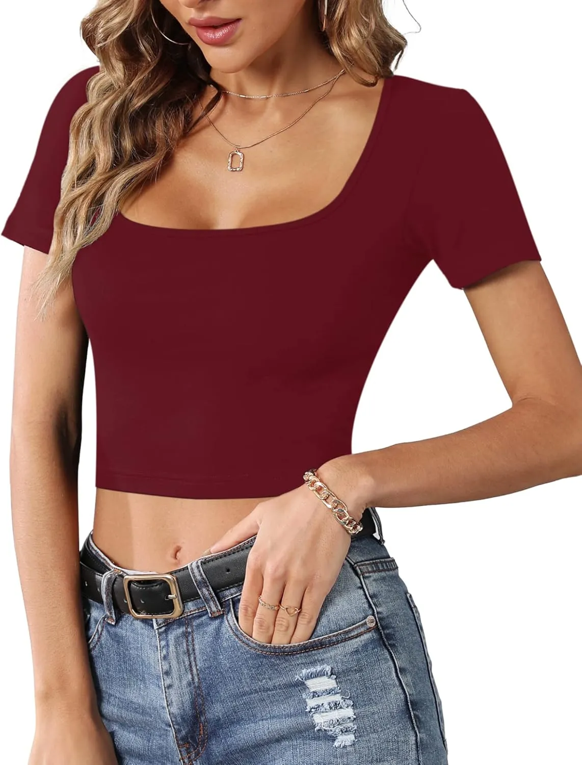 CLOZOZ Crop Tops for Women Square Neck Tops Short Sleeve Crop Tops Basic Cropped T Shirts for Women Slim Fit Crop T-Shirt