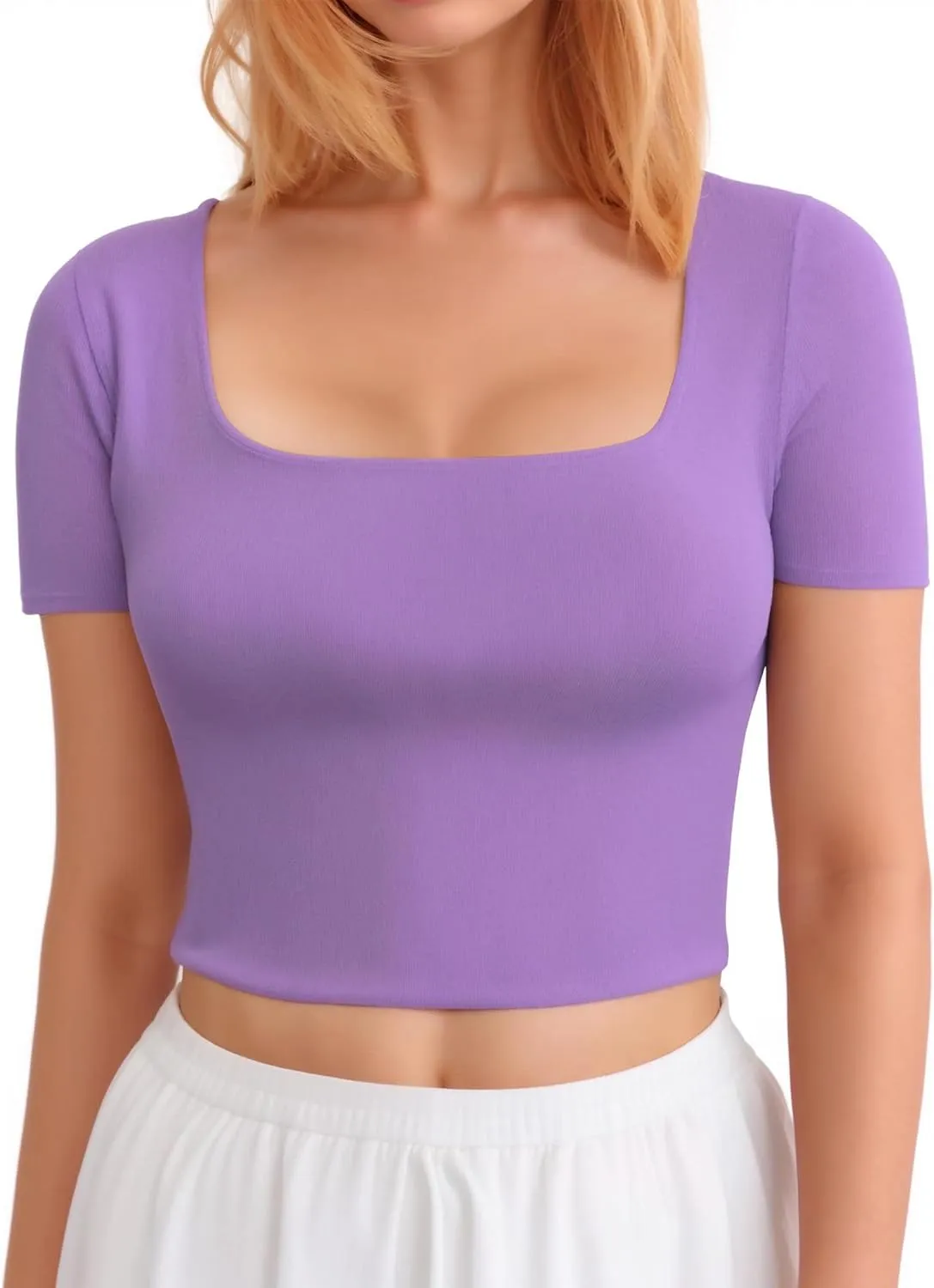 CLOZOZ Crop Tops for Women Square Neck Tops Short Sleeve Crop Tops Basic Cropped T Shirts for Women Slim Fit Crop T-Shirt