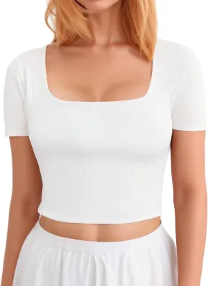 CLOZOZ Crop Tops for Women Square Neck Tops Short Sleeve Crop Tops Basic Cropped T Shirts for Women Slim Fit Crop T-Shirt