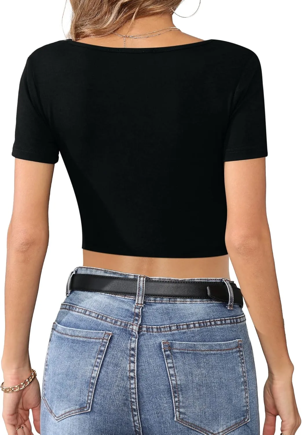 CLOZOZ Crop Tops for Women Square Neck Tops Short Sleeve Crop Tops Basic Cropped T Shirts for Women Slim Fit Crop T-Shirt