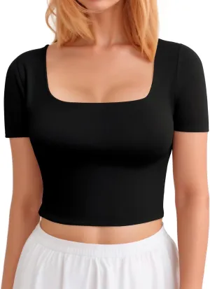 CLOZOZ Crop Tops for Women Square Neck Tops Short Sleeve Crop Tops Basic Cropped T Shirts for Women Slim Fit Crop T-Shirt