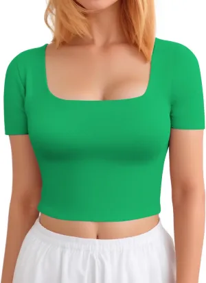 CLOZOZ Crop Tops for Women Square Neck Tops Short Sleeve Crop Tops Basic Cropped T Shirts for Women Slim Fit Crop T-Shirt