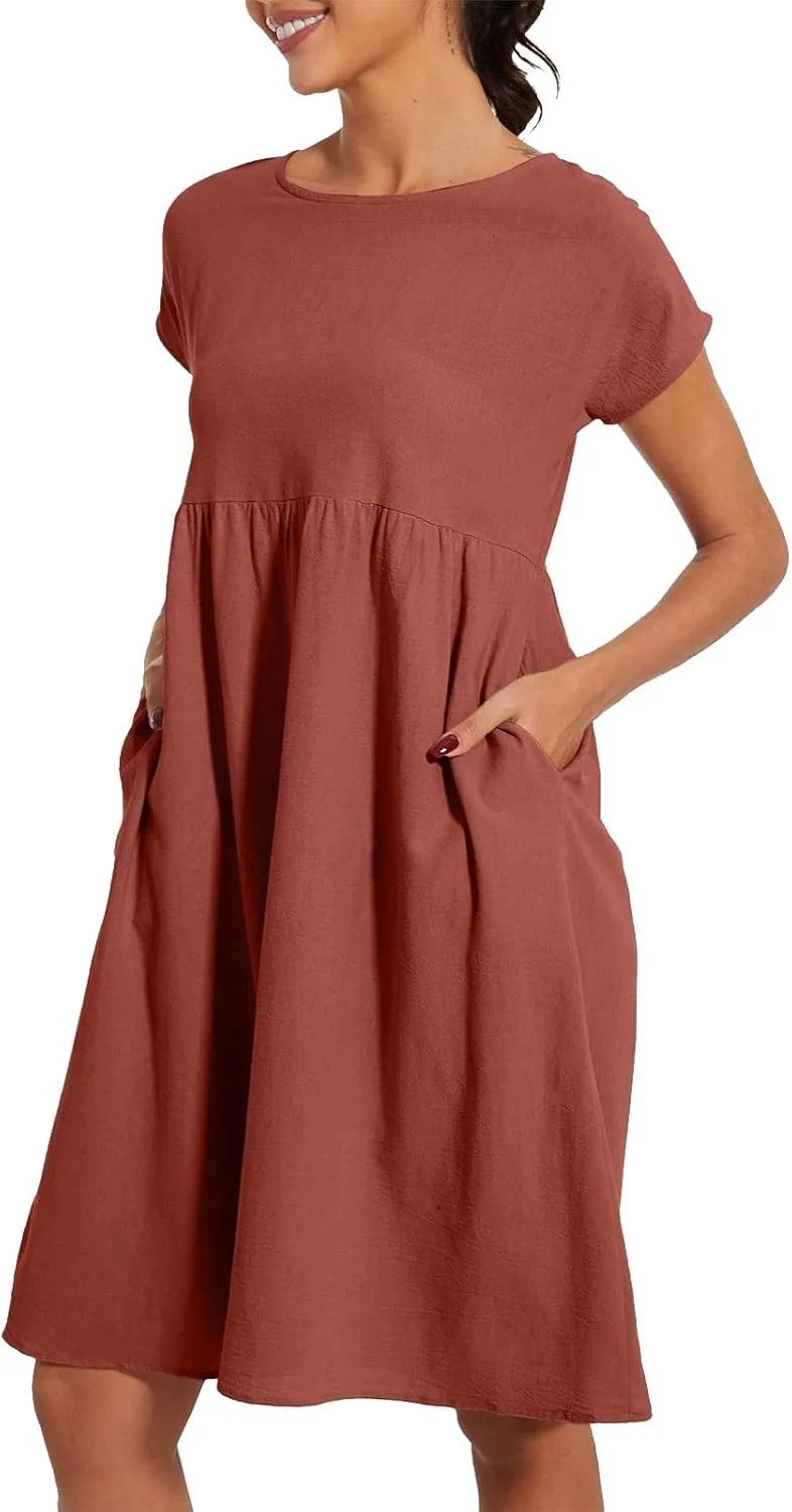 Cotton Dresses for Women 2025 Casual Summer Midi Dress Plus Size Short Sleeve Knee Length T Shirt Dress with Pockets