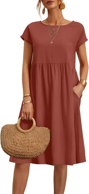 Cotton Dresses for Women 2025 Casual Summer Midi Dress Plus Size Short Sleeve Knee Length T Shirt Dress with Pockets
