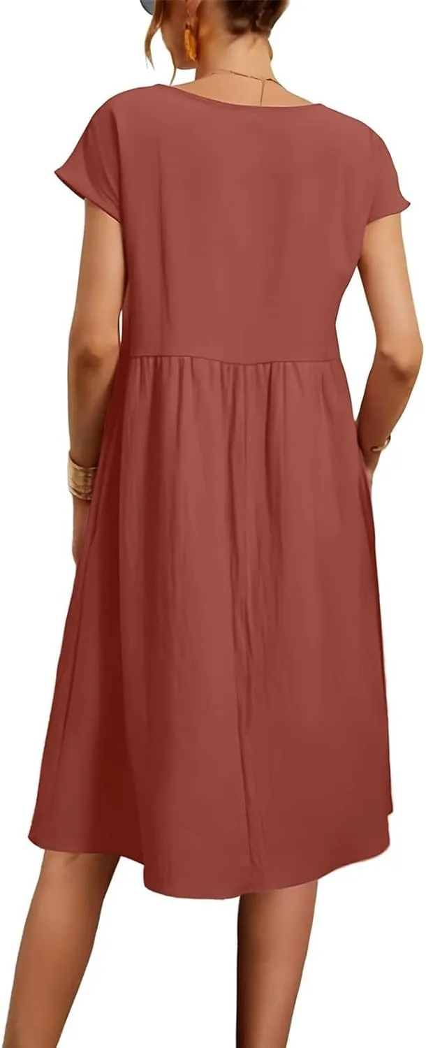 Cotton Dresses for Women 2025 Casual Summer Midi Dress Plus Size Short Sleeve Knee Length T Shirt Dress with Pockets