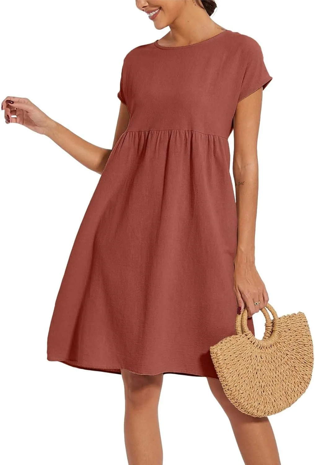 Cotton Dresses for Women 2025 Casual Summer Midi Dress Plus Size Short Sleeve Knee Length T Shirt Dress with Pockets