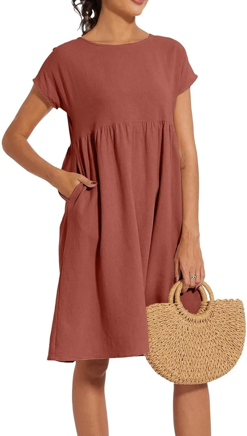 Cotton Dresses for Women 2025 Casual Summer Midi Dress Plus Size Short Sleeve Knee Length T Shirt Dress with Pockets