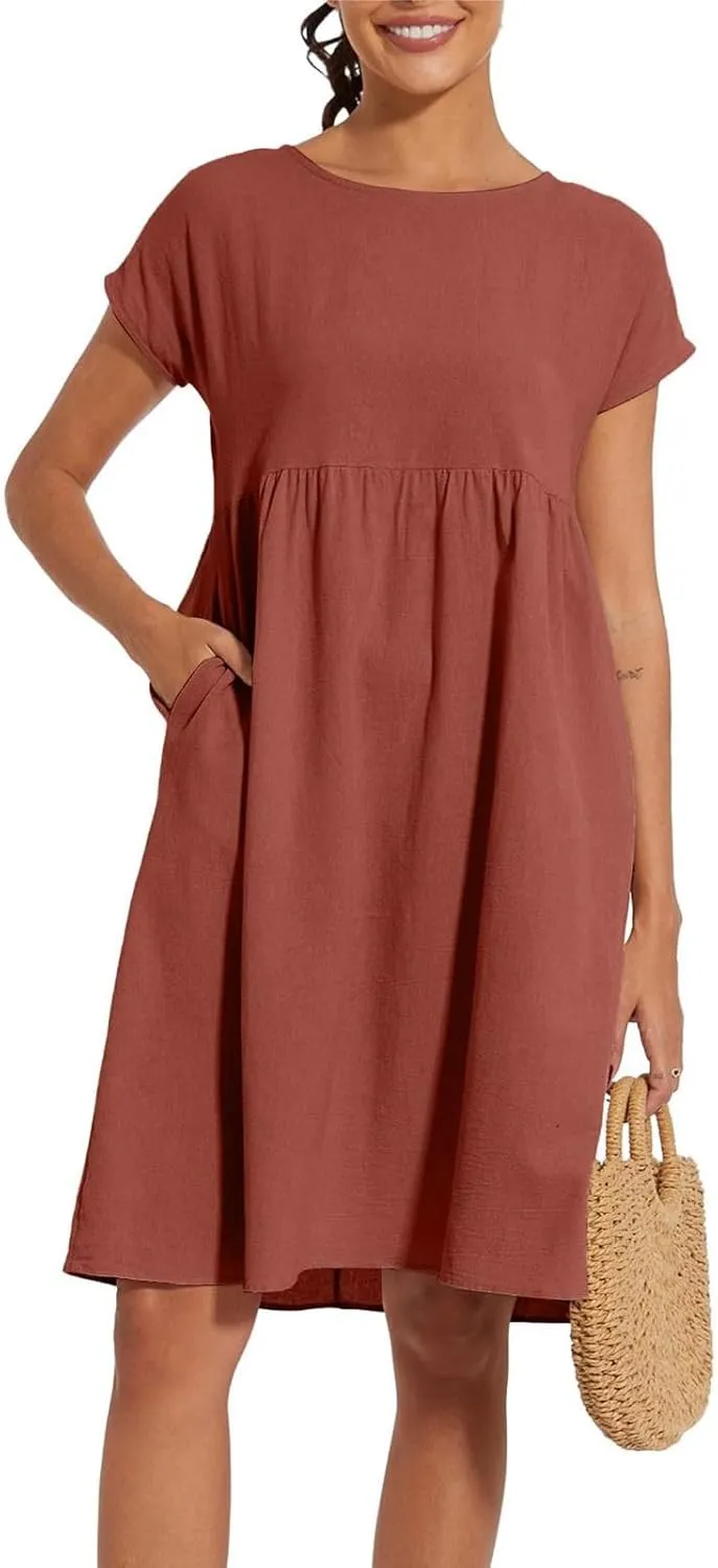 Cotton Dresses for Women 2025 Casual Summer Midi Dress Plus Size Short Sleeve Knee Length T Shirt Dress with Pockets