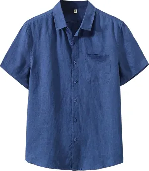 Cotton Linen Short Sleeve Shirts for Men Summer Casual Button Down Shirts Lightweight Breathable Dress Shirt Tops