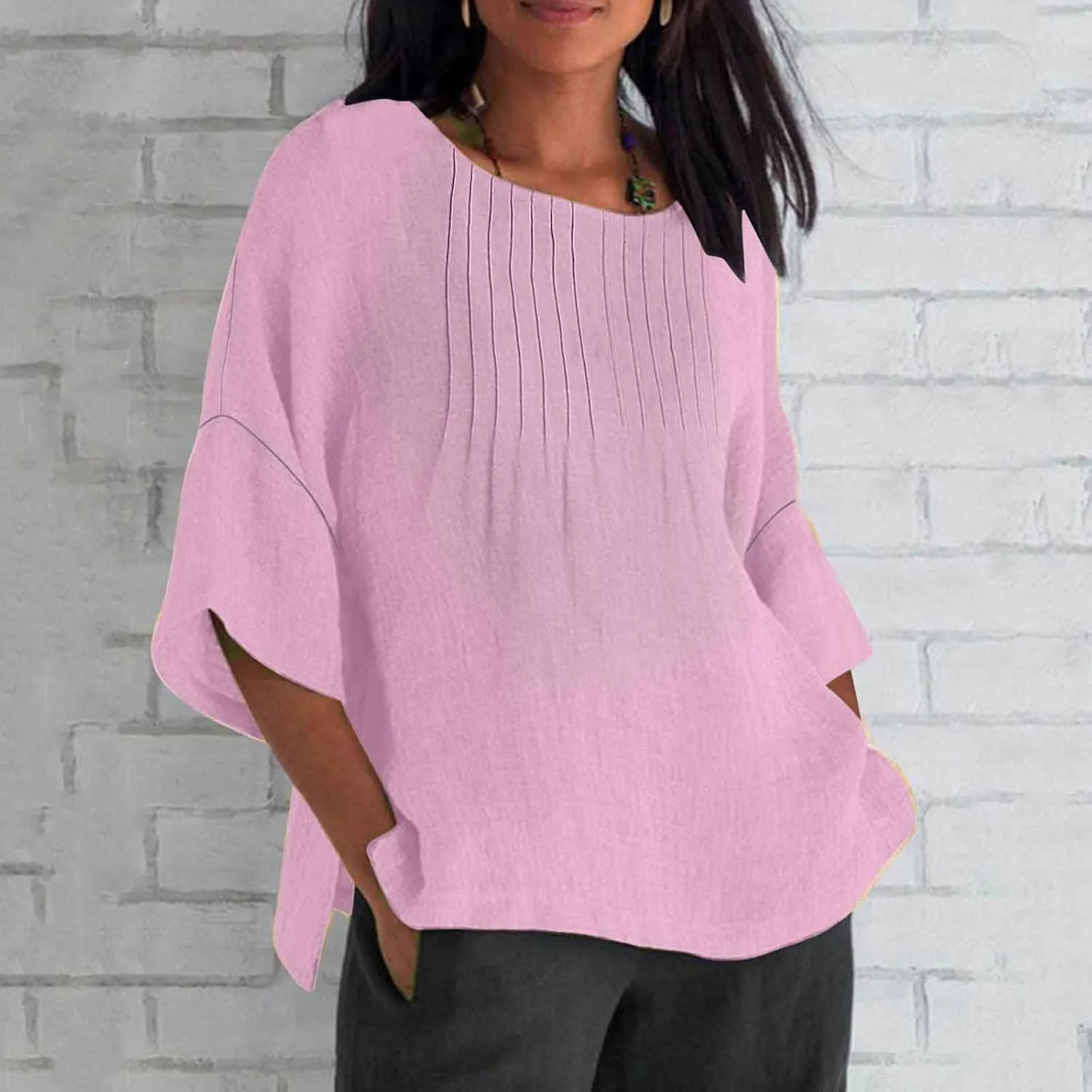 Cotton Linen Tops for Women Dressy Pleated 3/4 Sleeve Blouses Casual 2025 Summer Side Split Plus Size Tunic Tshirts