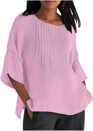 Cotton Linen Tops for Women Dressy Pleated 3/4 Sleeve Blouses Casual 2025 Summer Side Split Plus Size Tunic Tshirts