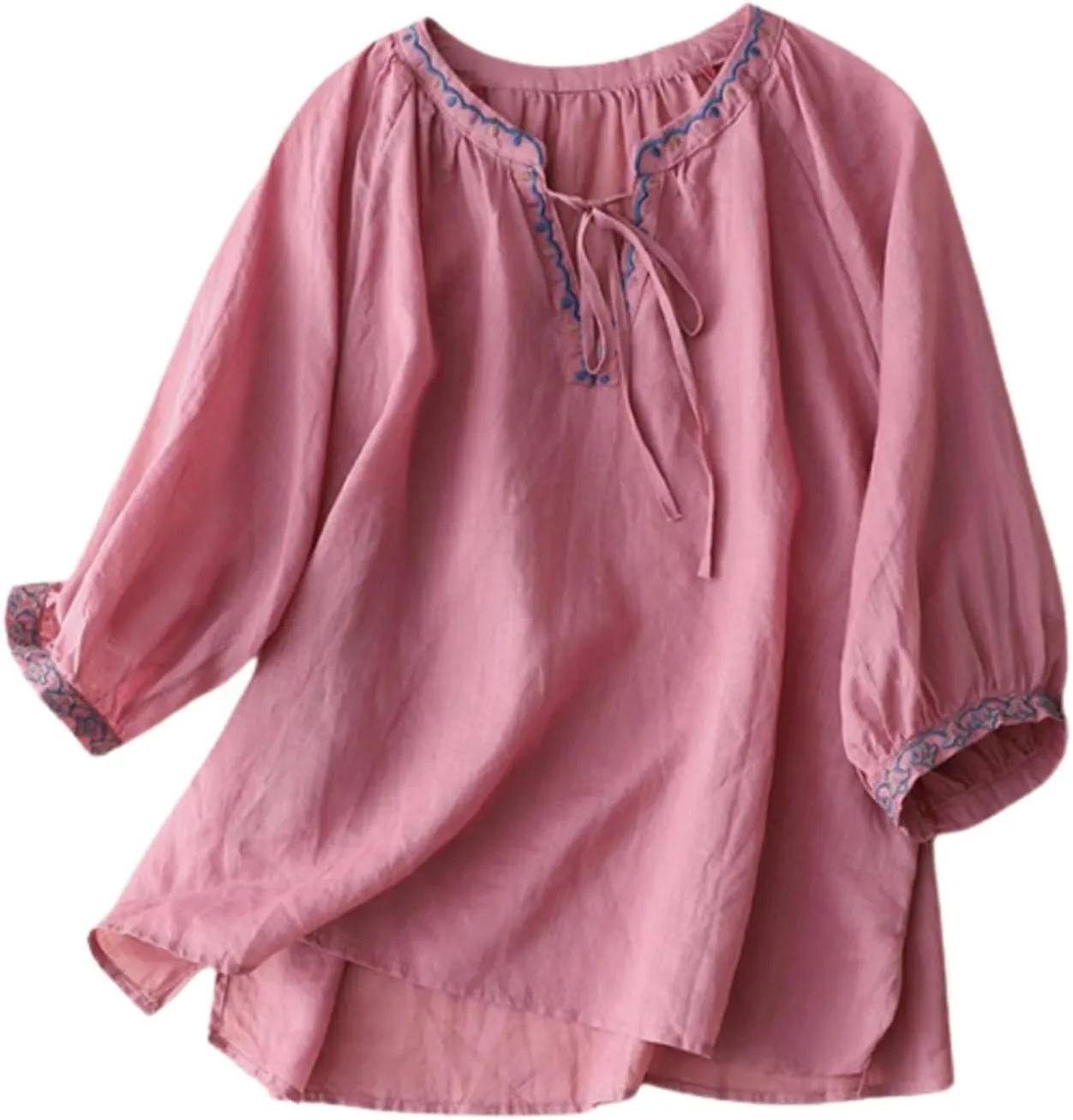 Cotton Linen Tops for Women Trendy Embroidered Blouses Short Sleeve Crew Neck Boho Tunic Tops Casual Loose T-Shirt