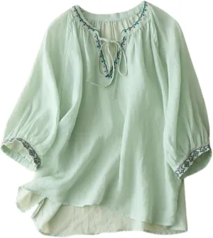 Cotton Linen Tops for Women Trendy Embroidered Blouses Short Sleeve Crew Neck Boho Tunic Tops Casual Loose T-Shirt