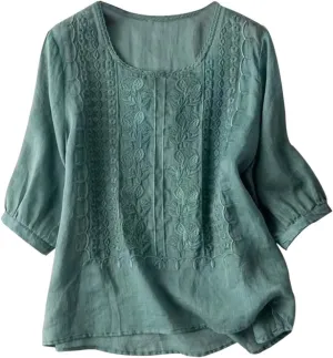 Cotton Linen Tops for Women Trendy Embroidered Blouses Short Sleeve Crew Neck Boho Tunic Tops Casual Loose T-Shirt