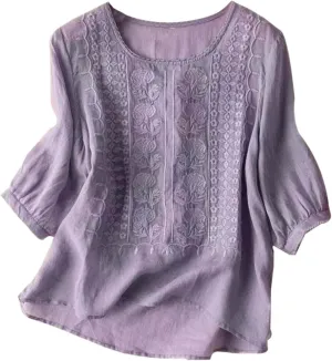 Cotton Linen Tops for Women Trendy Embroidered Blouses Short Sleeve Crew Neck Boho Tunic Tops Casual Loose T-Shirt