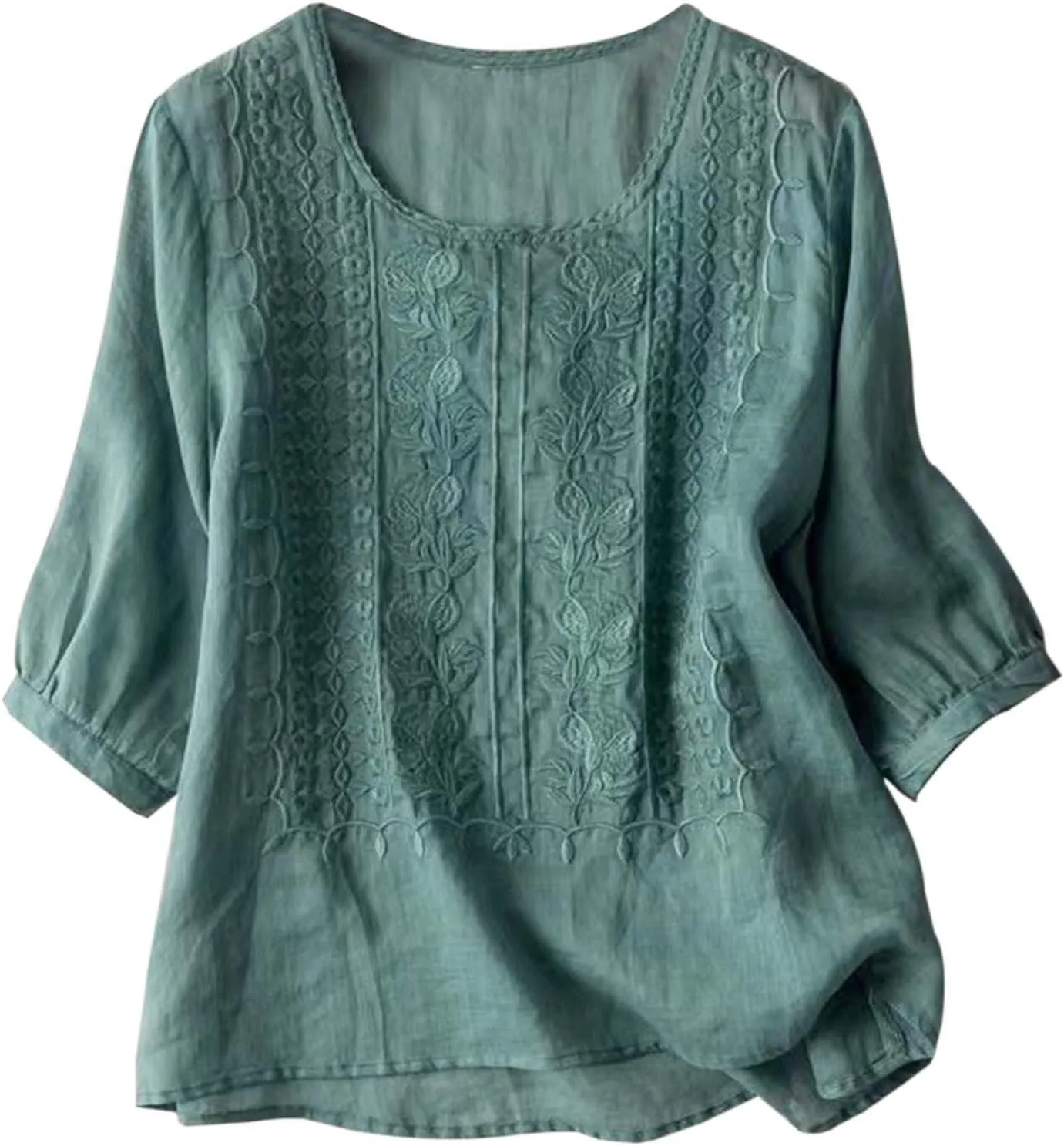 Cotton Linen Tops for Women Trendy Embroidered Blouses Short Sleeve Crew Neck Boho Tunic Tops Casual Loose T-Shirt