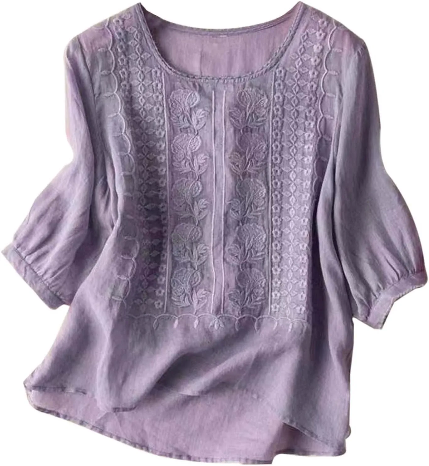Cotton Linen Tops for Women Trendy Embroidered Blouses Short Sleeve Crew Neck Boho Tunic Tops Casual Loose T-Shirt
